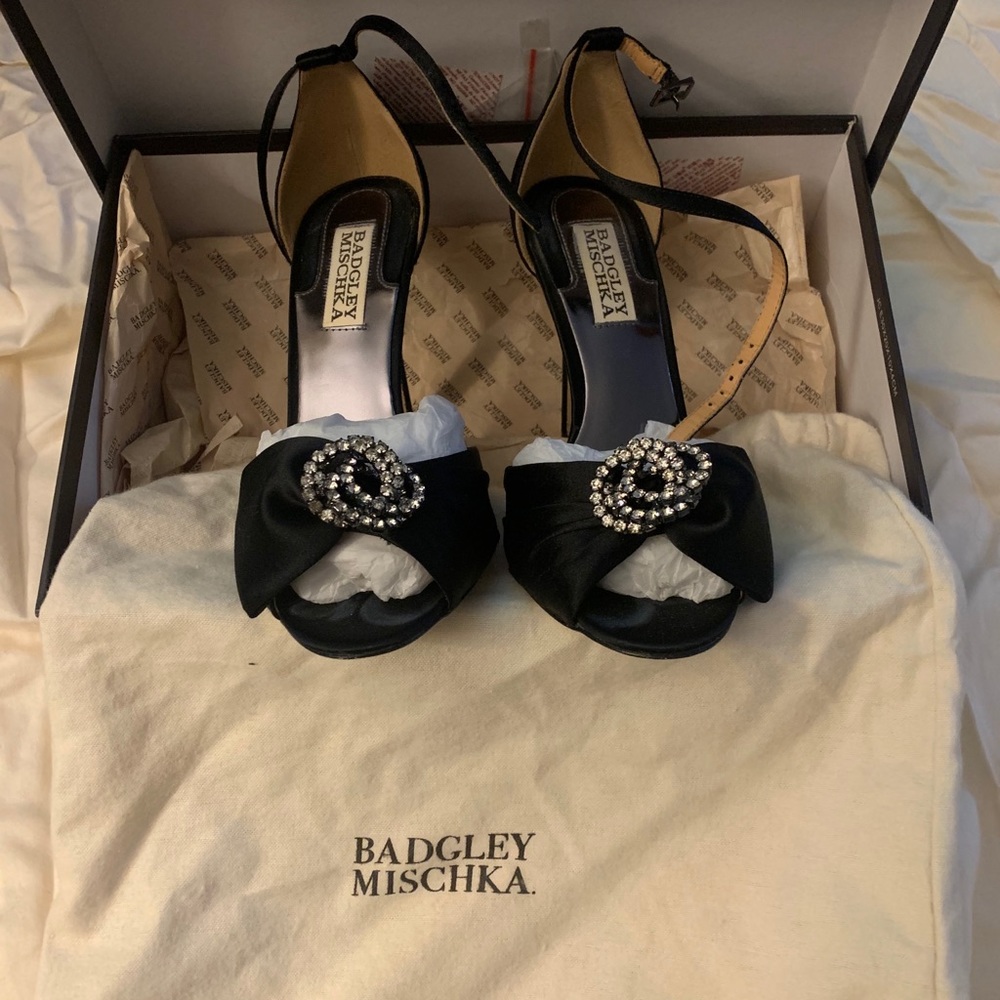 Badgley Mischka black satin high heel shoes, 6.5M